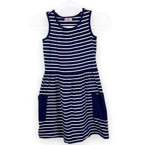 Hanna Andersson Navy Striped Dress Sleeveless Cotton Pockets Size 130 Nautical